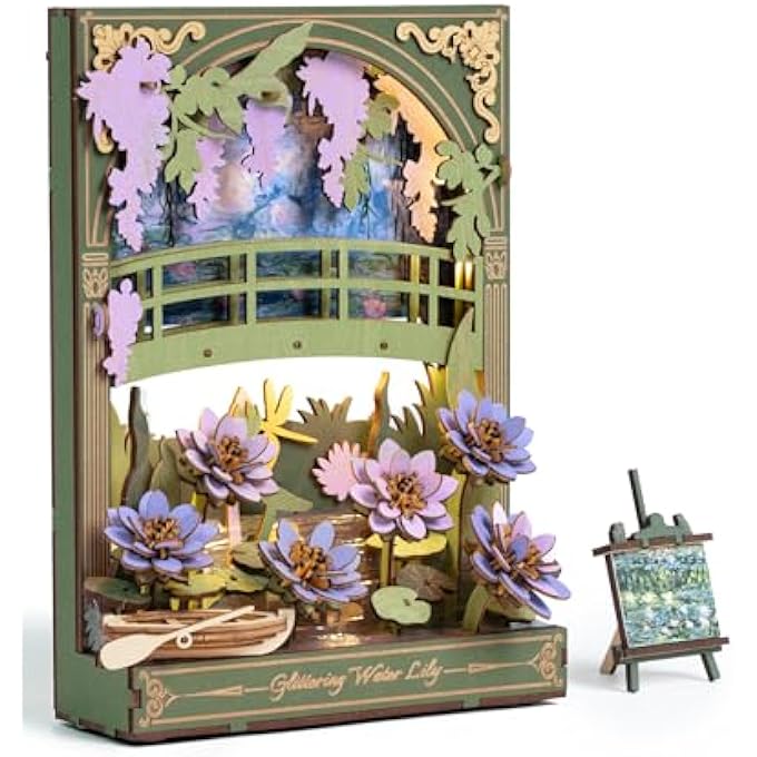 3D WOODEN PUZZLE FOR ADULTS KIDS WITH LED LIGHT, FLOWER MODEL KITS, TABLETOP DISPLAY, WALL ART DECO, PUZZLE GIFTS FOR WOMEN MEN TH001 WATER LILY - Image 1